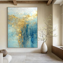 Load image into Gallery viewer, “Aqua - Gold Cascade” – Blue, Aqua &amp; Gold Abstract Acrylic with Cascading Textures DTP063
