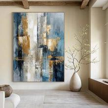 Load image into Gallery viewer, Blue &amp; Gold Urban Abstract Canvas Painting, Great for Modern Office &amp; City - Themed Loft LargeART1257
