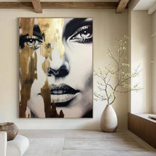 Load image into Gallery viewer, Black - and - White Abstract Portrait, Gold - Drip Accent Art for Luxury Bedroom &amp; Sophisticated Lounge LargeART2192
