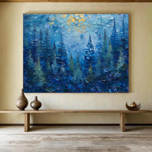 Load image into Gallery viewer, Blue Forest with Golden Highlights Abstract Painting on Canvas - “Mystic Pines” DKH672
