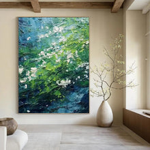 Load image into Gallery viewer, “Lush Green Impasto” - Blue, Green, and White Nature Art on Canvas DKH1404

