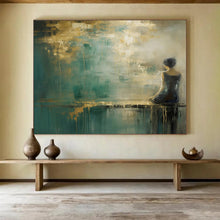 Load image into Gallery viewer, Woman by the Water in Teal and Gold Abstract acrylic painting DLZ087
