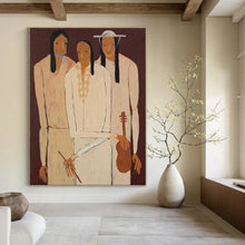 Load image into Gallery viewer, “Three Figures in Neutral Attire” – Stylized Figurative Painting with Cultural Undertones DTP141
