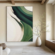 Load image into Gallery viewer, “Green &amp; White Flowing Abstraction” - Fluid Abstract Art on Canvas DKH1468
