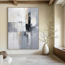 Load image into Gallery viewer, “Gray and Gold Geometric Abstract” – Clean Abstract with Angular Shapes and Metallic Tones DTP138
