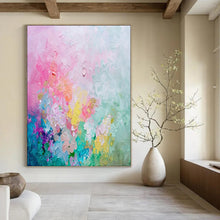 Load image into Gallery viewer, “Pastel Blossom” – Pink, Blue, Yellow &amp; Purple Abstract Acrylic with Textured Flowers DTP070
