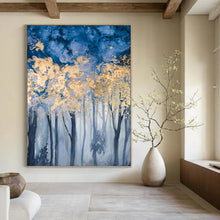 Load image into Gallery viewer, “Golden Canopy in Blue” Abstract Forest Painting on Canvas, Enchanted Woodland Art DKH936
