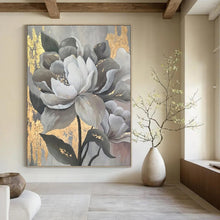 Load image into Gallery viewer, “Grey and Gold Floral Art” - Luxe Floral Abstract on Canvas DKH1620
