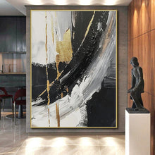 Load image into Gallery viewer, Hand - painted Oversized Black - White - Gold Abstract Strokes Acrylic Art for Luxurious Living Rooms LargeART0085
