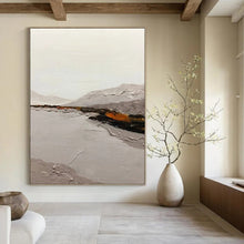 Load image into Gallery viewer, “Minimalist Landscape” – Gray mountains, lake, subtle orange - brown accents, textured paint DTP401
