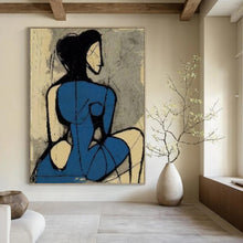 Load image into Gallery viewer, “Abstract Blue Figure” - Blue, Black, and Beige Figurative Art on Canvas DKH1417
