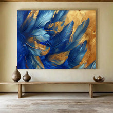 Load image into Gallery viewer, Hand - painted Blue Feathers with Gold Highlights Acrylic Art for Chic Living Room Walls LargeART1708
