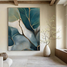Load image into Gallery viewer, Nature - Inspired Abstract Painting, Teal &amp; Gold Foliage Art for Calming Bedroom &amp; Minimalist Living Room LargeART2253
