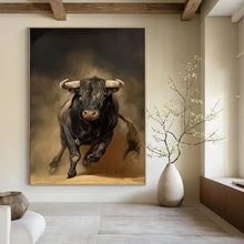 Load image into Gallery viewer, “Powerful Black Bull” - Dark Brown, Black, and White Animal Art on Canvas DKH1409
