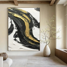 Load image into Gallery viewer, “Gold - Kissed Swirls” – Black, white, and gold impasto, flowing curves DTP379
