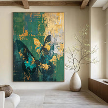 Load image into Gallery viewer, Green &amp; Gold Butterfly Abstract Painting, Ideal for Bohemian Living Room &amp; Nature - Inspired Bedroom LargeART1883
