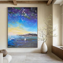 Load image into Gallery viewer, Starry Coastline Sailboats Abstract Painting, Suited for Coastal Bedroom &amp; Stargazing Lounge LargeART1902
