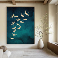 Load image into Gallery viewer, Teal &amp; Gold Cranes Abstract Painting, Ideal for Elegant Dining Room &amp; Cultural Art Gallery LargeART1919
