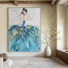 Load image into Gallery viewer, “Elegant Ballerina” - Blue, Gold, and White Figurative Art on Canvas DKH1414

