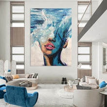 Load image into Gallery viewer, “Wave - Masked Figure” – Blue, white, and pink, with waves merging with a human face. DTP347
