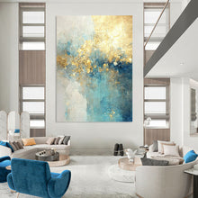 Load image into Gallery viewer, “Aqua Gold Cascade” – Blue, Aqua &amp; Gold Abstract Acrylic with Flowing Textures DTP077
