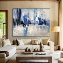 Load image into Gallery viewer, Hand - painted Blue and White Abstract Mountains Acrylic Art for Serene Living Room Walls LargeART1731
