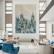 Load image into Gallery viewer, Blue &amp; Gold Abstract Cityscape Painting, Perfect for Modern Living Room &amp; Stylish Home Office LargeART2080
