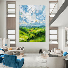 Load image into Gallery viewer, “Textured Green Landscape with Blue Sky” - Impasto Landscape Art on Canvas DKH1557

