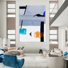 Load image into Gallery viewer, “Abstract Code Mystery” - Grey, Black, Blue, Orange Symbolic Art on Canvas DKH1099
