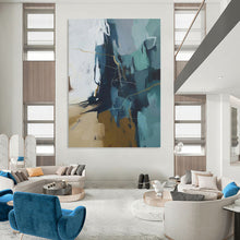 Load image into Gallery viewer, “Blue - Gray Abstract with Gold Lines” Abstract Painting on Canvas, Modern Office Decor DKH1016
