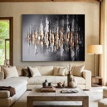 Load image into Gallery viewer, Black, Silver &amp; Gold Textured Abstract Painting - Ideal for Luxury Office &amp; Sophisticated Living Room DKH041
