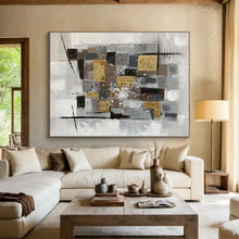 Load image into Gallery viewer, Gray - Gold Abstract Painting On Canvas with Geometric Textures DKH353

