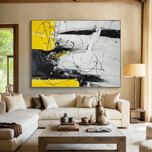 Load image into Gallery viewer, Large - Format Black, White, and Yellow Abstract Acrylic for Minimalist Bedroom &amp; Contemporary Art Space LargeART0318
