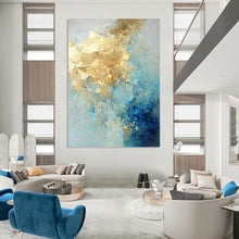 Load image into Gallery viewer, “Sky Gold Flurry” – Blue, Gray &amp; Gold Abstract Acrylic with Textured Cloud - like Forms DTP071
