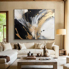 Load image into Gallery viewer, Black - White - Gold Swirl Art for Modern Penthouse &amp; Art Gallery LargeART0847
