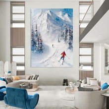 Load image into Gallery viewer, “Textured Mountain Skiers” ，Thick white impasto for mountains, with detailed skiers and snow - covered trees in blue and white. DTP313
