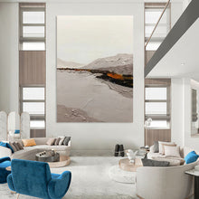 Load image into Gallery viewer, “Minimalist Landscape” – Gray mountains, lake, subtle orange - brown accents, textured paint DTP401

