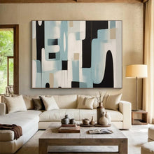 Load image into Gallery viewer, Hand - painted Blue, Black, and Beige Abstract Shapes Acrylic Art for Contemporary Hallway Displays LargeART1711
