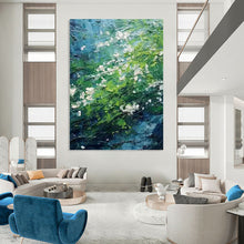 Load image into Gallery viewer, “Lush Green Impasto” - Blue, Green, and White Nature Art on Canvas DKH1404
