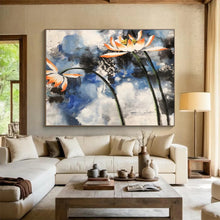 Load image into Gallery viewer, Ink - Style Lotus Flower Abstract Painting on Canvas - “Elegant Purity” DKH627
