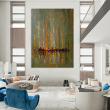 Load image into Gallery viewer, “Sailboats in Abstract Reflection” – Abstract sailboats with tall, colorful masts, reflected in water, muted green background. DTP330
