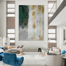 Load image into Gallery viewer, “Green, Grey &amp; Gold Textured Abstract” - Luxe Abstract Art on Canvas DKH1518
