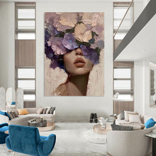 Load image into Gallery viewer, “Violet Floral Mask” – Woman with thick, textured violet and purple flowers covering her eyes. DTP329
