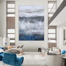Load image into Gallery viewer, “Grey - Blue Horizons with Gold Accents” - Grey, Blue, Gold Abstract Art on Canvas DKH1226
