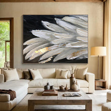 Load image into Gallery viewer, Oversized White - Gold Feather Abstract Acrylic Art for Bedroom &amp; Boutique Hotel LargeART0431
