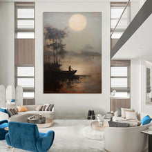Load image into Gallery viewer, Gray &amp; Brown Moonlit Lake Abstract Art, Perfect for Calming Bedroom LargeART2094
