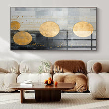 Load image into Gallery viewer, Gold Circles on Gray Abstract Canvas Painting, Great for Minimalist Office &amp; Upscale Retail Space LargeART1241
