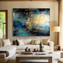 Load image into Gallery viewer, Oversized Blue - Gold Light Burst Art for Living Room &amp; Creative Studio LargeART0451
