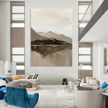 Load image into Gallery viewer, “Mountain Mirror” – Muted grays, browns, beiges with thick brushstrokes of mountains and reflection DTP358
