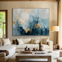 Load image into Gallery viewer, Hand - painted Oversized Blue - Gray Abstract with Gold Accents Acrylic Art for Sophisticated Living Rooms LargeART1755
